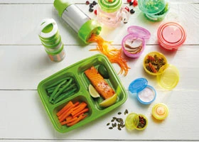 Lunch bags, food prep containers and bag clips for kitchen organization